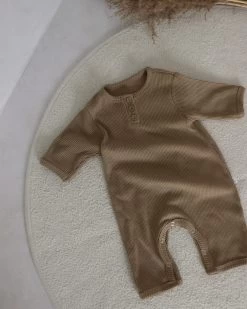 Baby Ribbed Button Romper | Beige