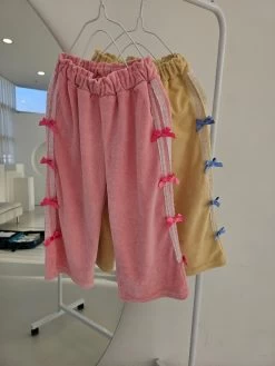 Wide Leg Terry Ribbon Pants | Pink