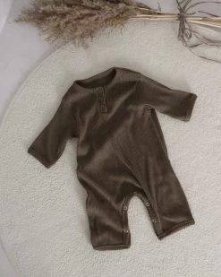 Baby Ribbed Button Romper | Brown