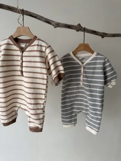 Striped Button Romper | Grey -Mini Moments Shop A575C3E3 3FDA 4D4A 8294 7B256AC863F7